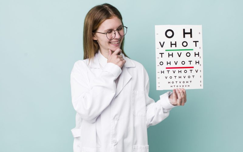 red head pretty woman smiling with a happy, confident expression with hand on chin. optical vision test concept